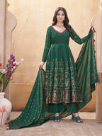 Green Mirror Work And Foil Print Silk Salwar Suit