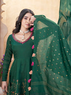 Green Mirror Work And Foil Print Silk Salwar Suit
