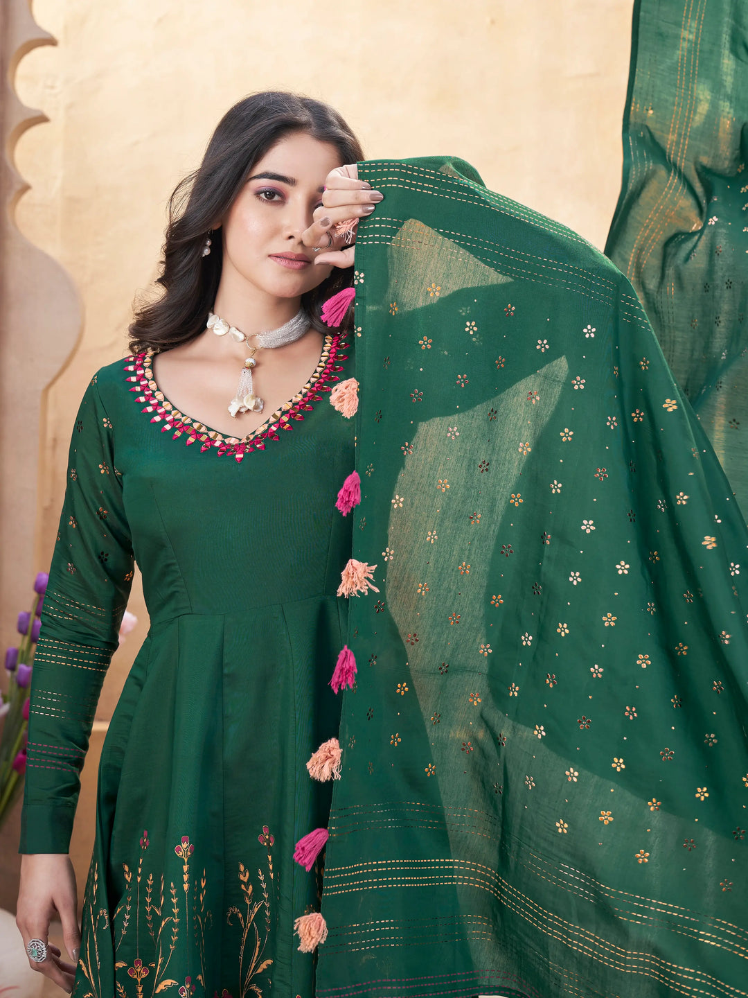 Green Mirror Work And Foil Print Silk Salwar Suit - qivii