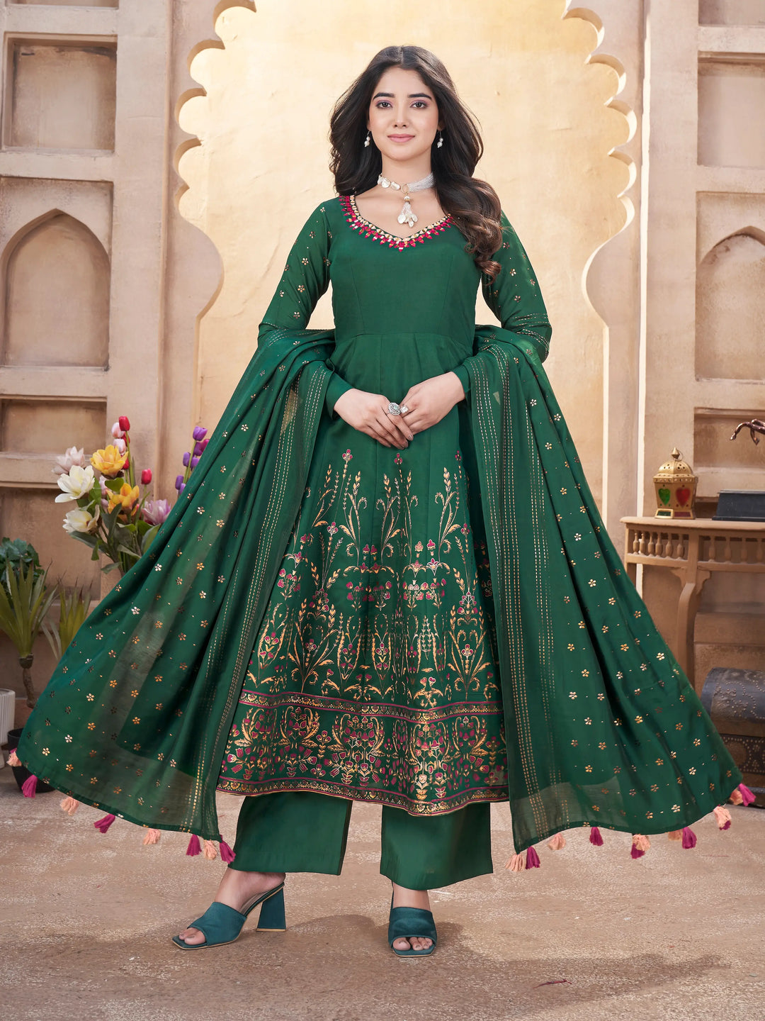 Green Mirror Work Silk Gown With Dupatta - qivii