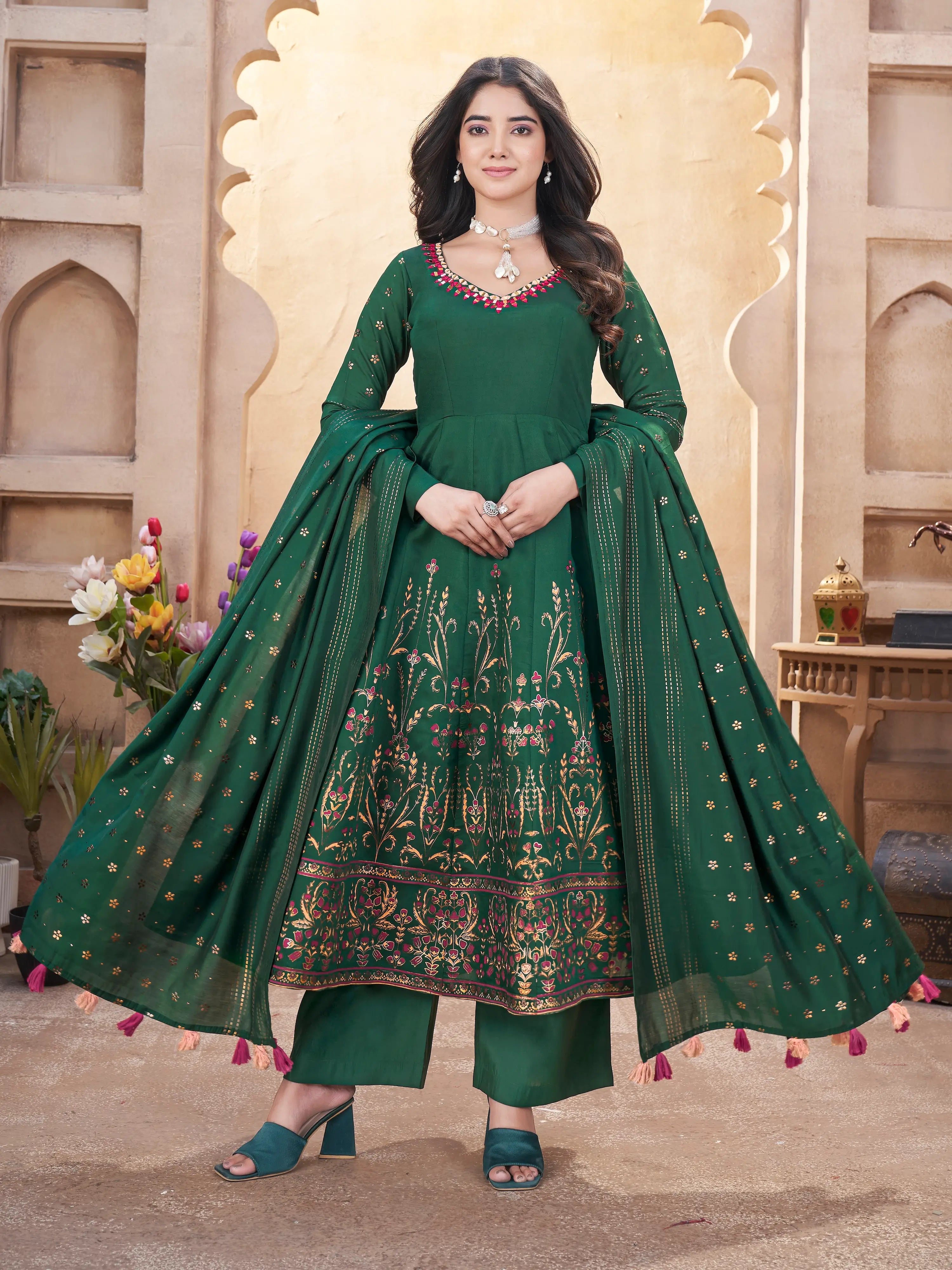 Green Mirror Work And Foil Print Silk Salwar Suit