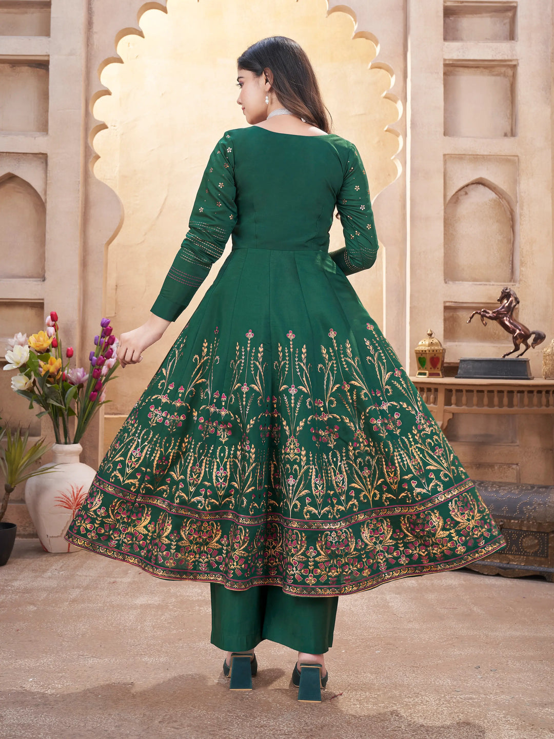 Green Mirror Work Silk Gown With Dupatta - qivii