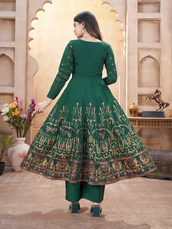 Green Mirror Work Silk Gown With Dupatta - qivii