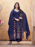 Navy Blue Mirror Work And Foil Print Silk Salwar suit