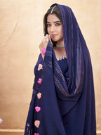 Navy Blue Mirror Work And Foil Print Silk Salwar suit