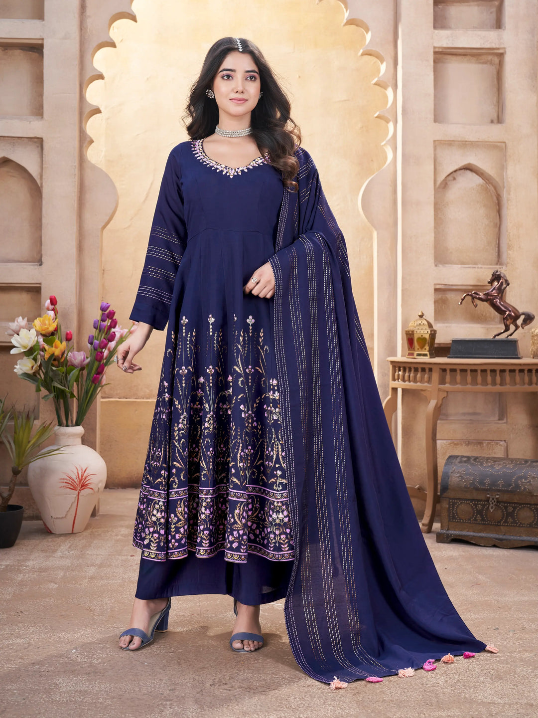 Navy Blue Mirror Work Silk Gown With Dupatta - qivii