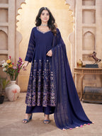 Navy Blue Mirror Work And Foil Print Silk Salwar suit