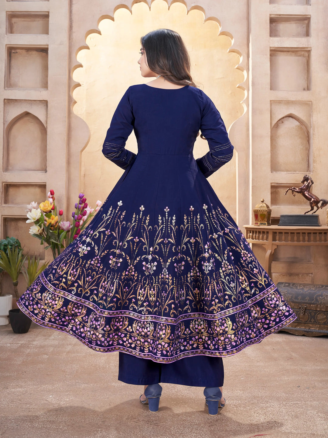 Navy Blue Mirror Work Silk Gown With Dupatta - qivii