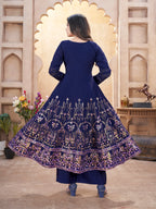 Navy Blue Mirror Work And Foil Print Silk Salwar suit
