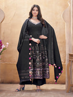 Black Mirror Work And Foil Print Silk Salwar suit
