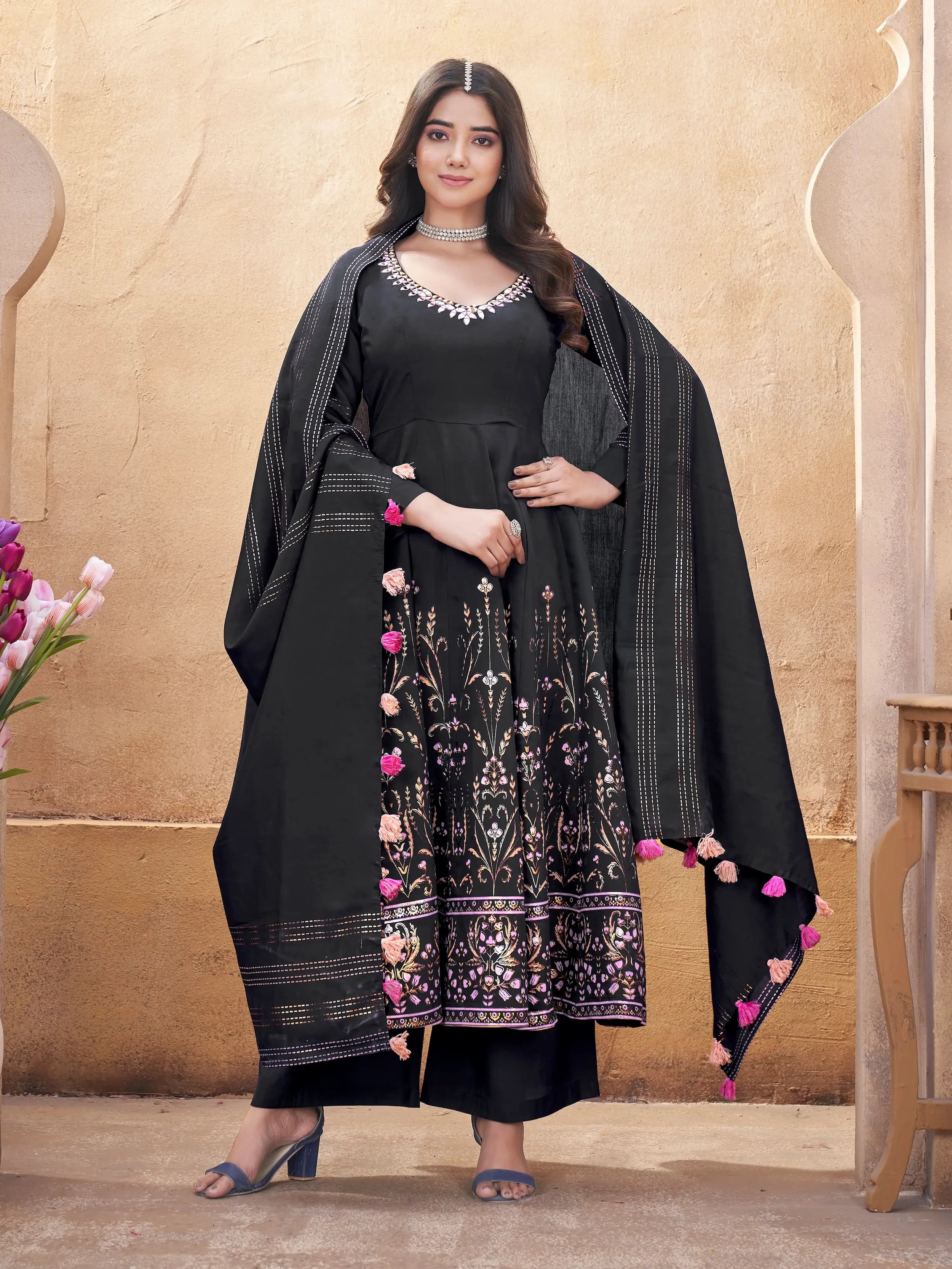 Black Mirror Work And Foil Print Silk Salwar suit