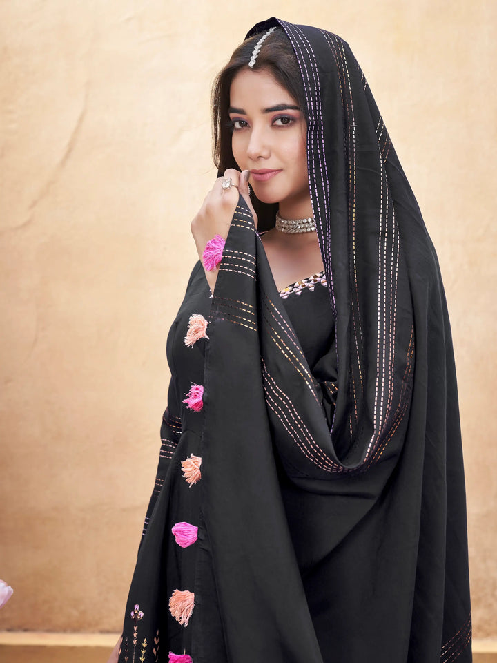 Black Mirror Work Silk Gown With Dupatta - qivii
