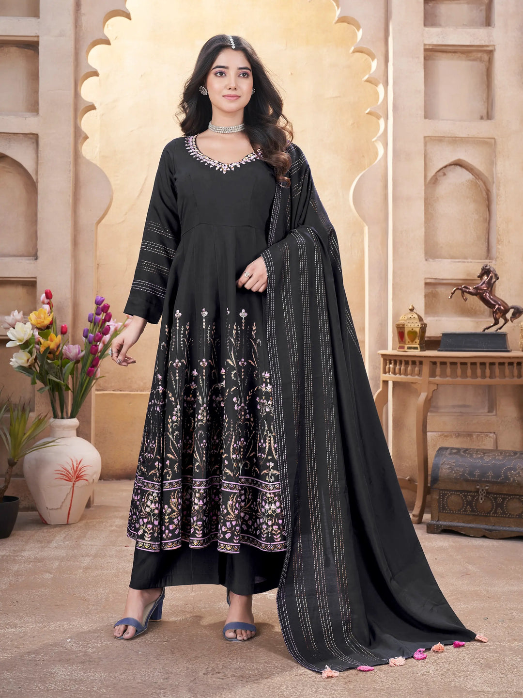 Black Mirror Work Silk Gown With Dupatta - qivii