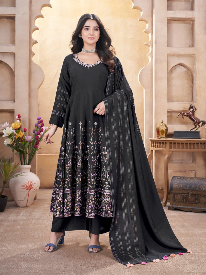 Black Mirror Work Silk Gown With Dupatta - qivii