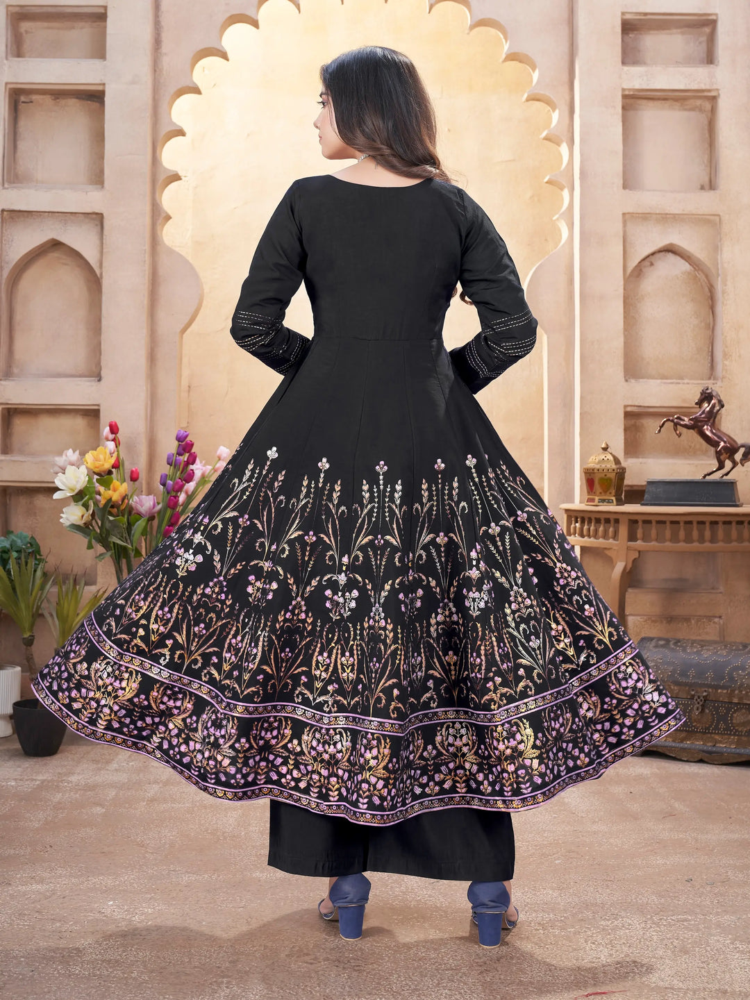 Black Mirror Work Silk Gown With Dupatta - qivii