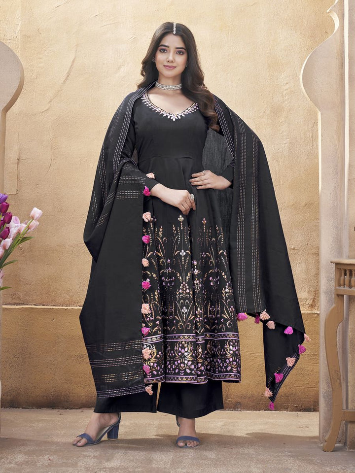  Black Roman Silk Mirror Work and Foil Print Salwar Suit top fabric Roman Silk bottom fabric Roman Silk dupatta fabric Roman Silk size ready to wear stiched M-38 & XL-42 work Mirror Work and Foil Print dupatta work Foil Print top length 50 inch bottom length 39 inch dupatta length 230 MTR