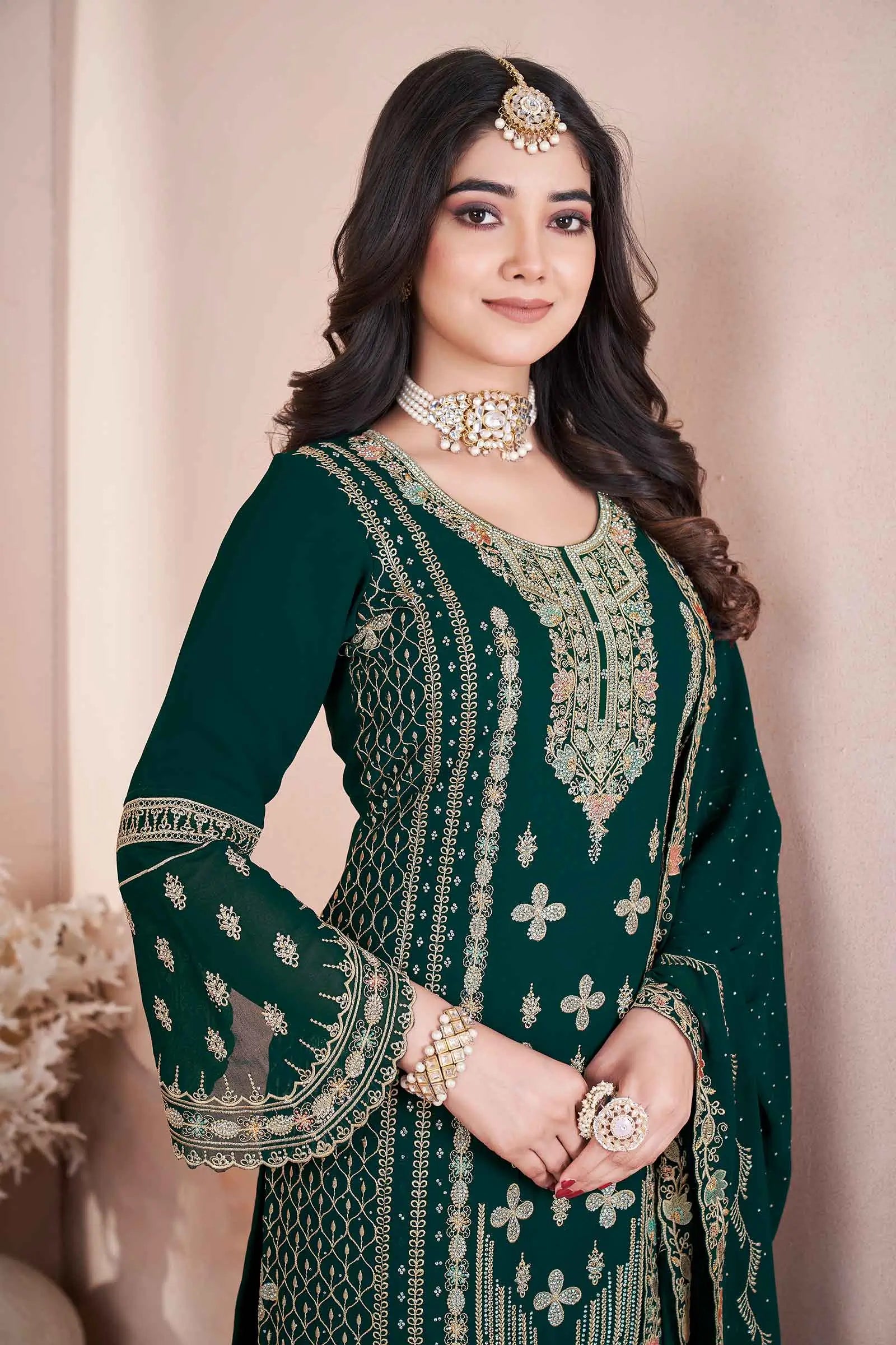Green Georgette Salwar Suit With Embroidery And Siroski Work
