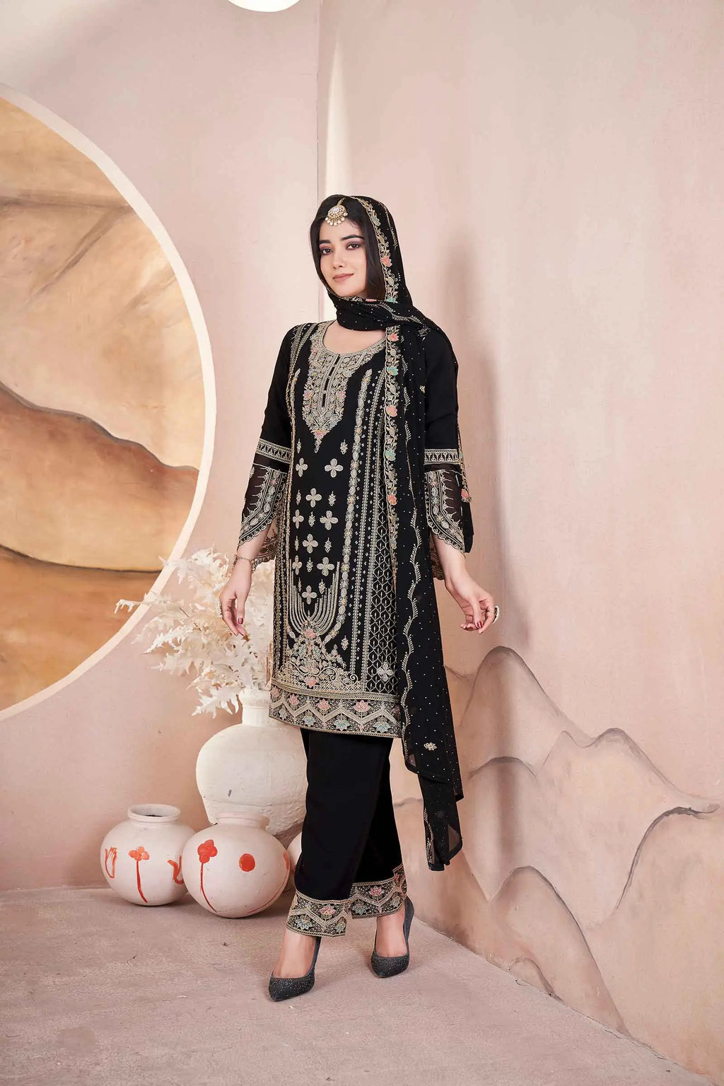 Black Georgette Salwar Suit With Embroidery And Siroski Work