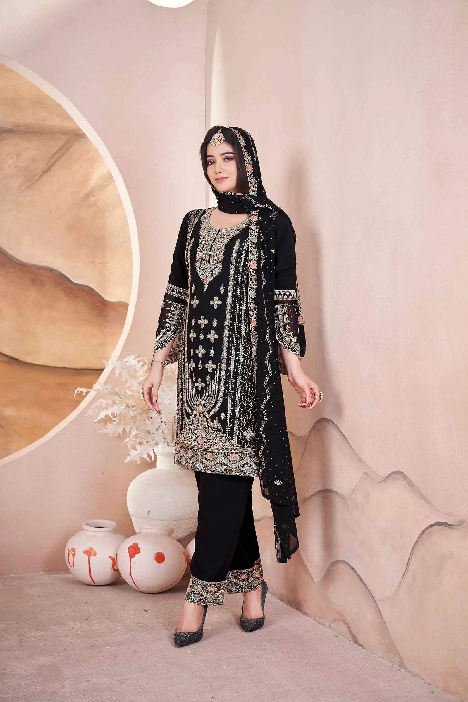 Black Georgette Salwar Suit With Embroidery And Siroski Work