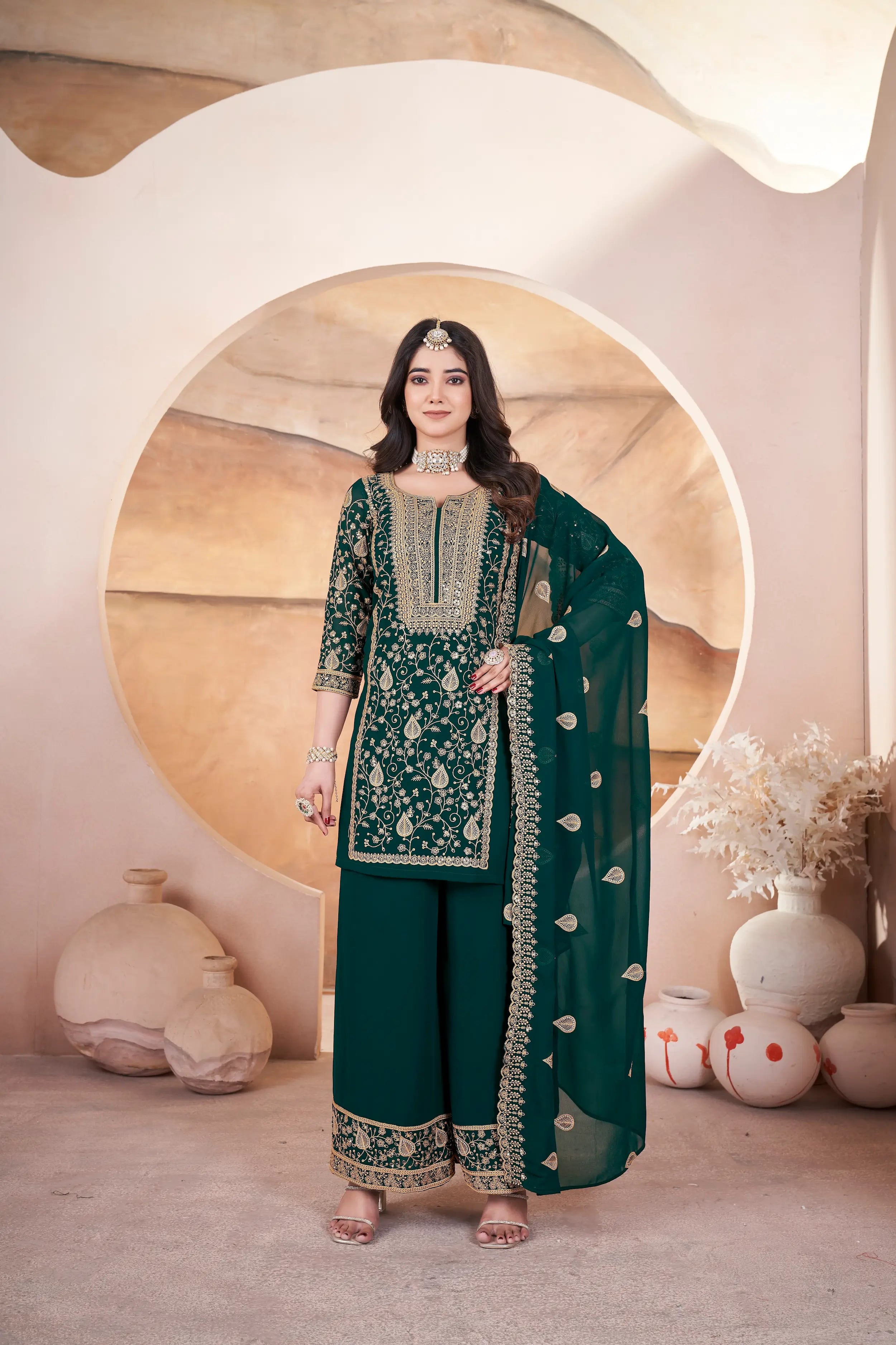Dark Green Georgette Embroidery Sequins Salwar Suit