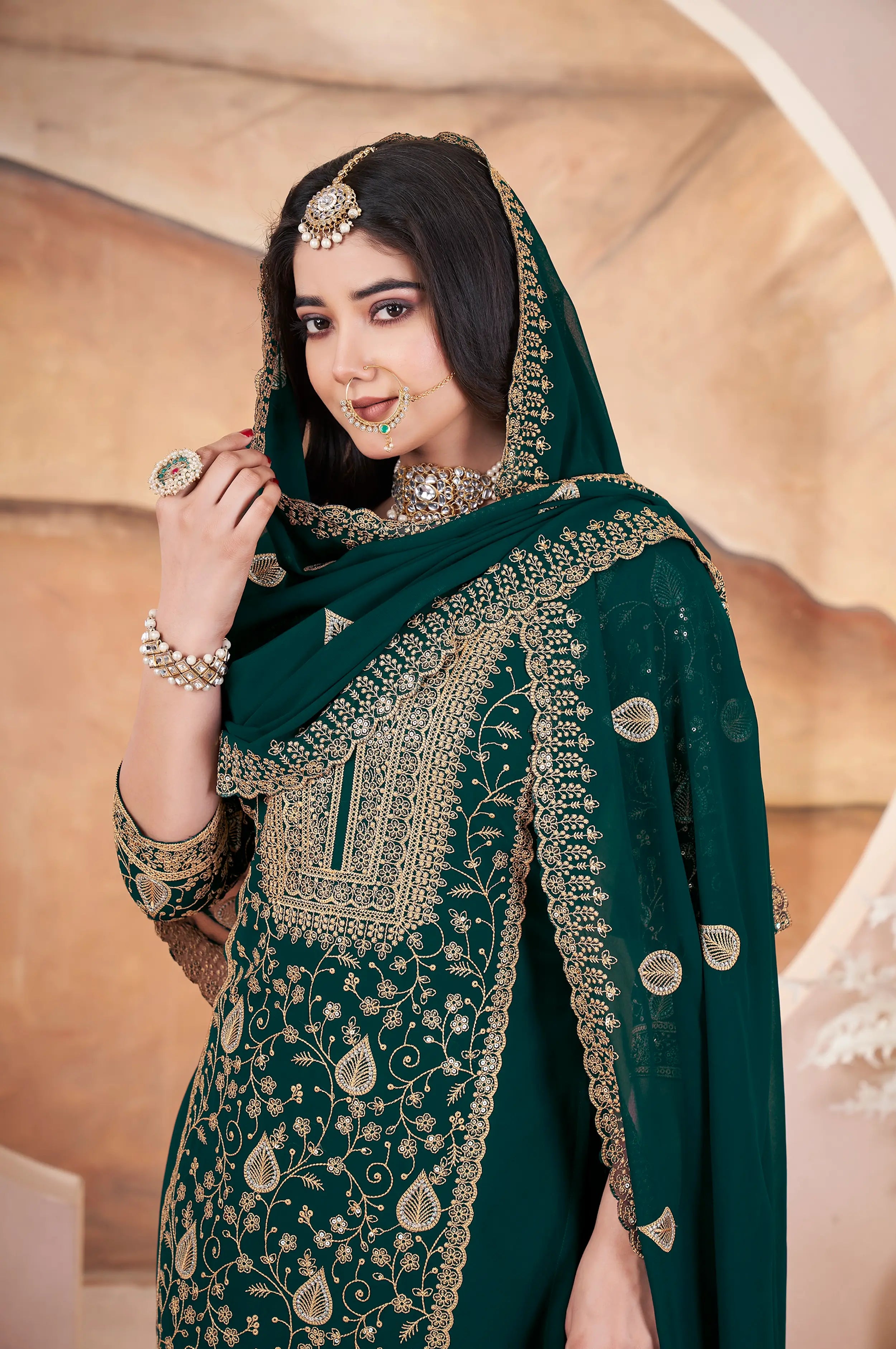 Dark Green Georgette Embroidery Sequins Salwar Suit