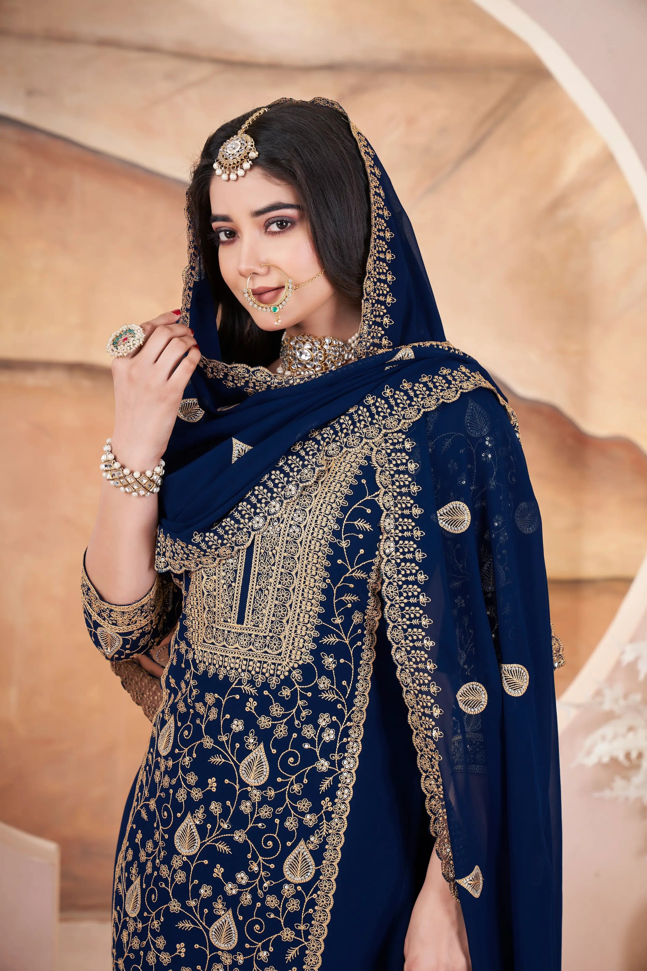 Navy Blue Embroidery Sequins Georgette Salwar Suit