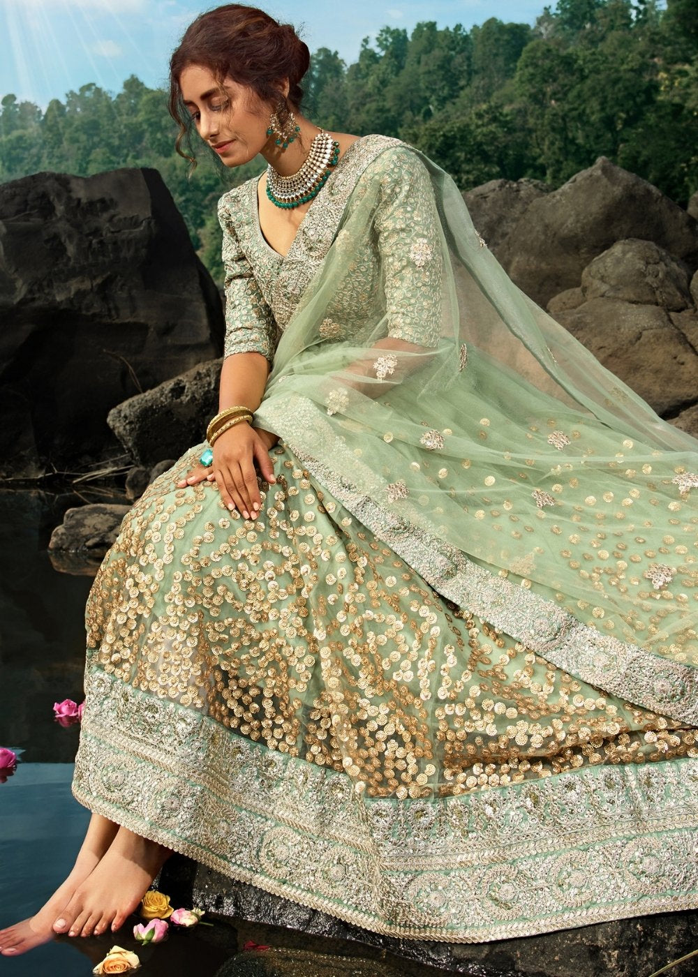 Emerald Green Designer Soft Net Lehenga Choli with Sequins & Dori work | Ready To Wear - qivii