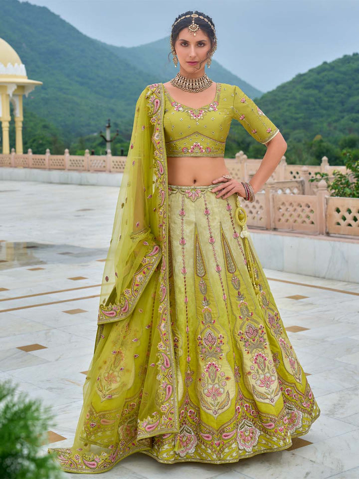 Limegreen Shade Heavy Designer Embroidered Patchwork Silk Semi Stitched Lehenga Choli - qivii