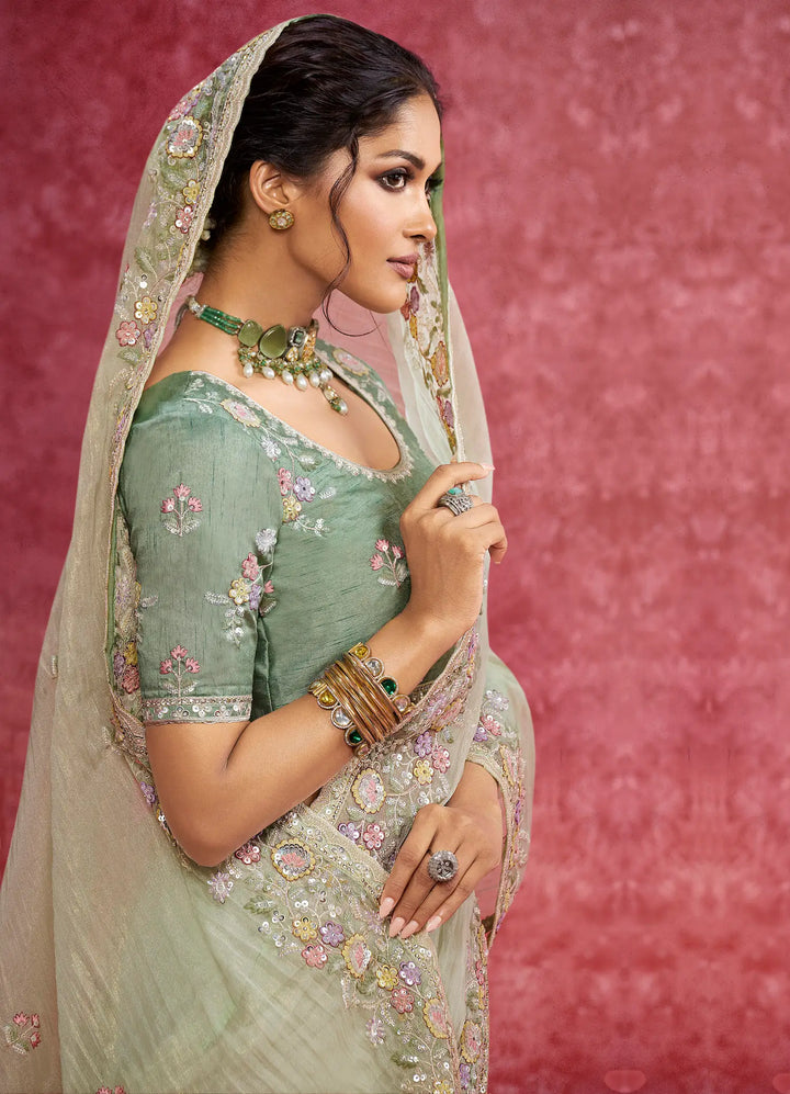 Pastel Green Weave Embroidery Work Party wear Saree - qivii