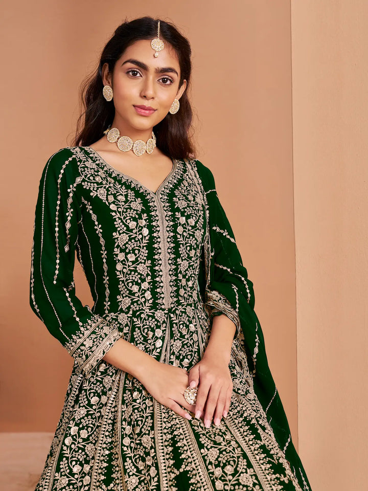 Green Georgette Gown With Sequence & Thread Embroidery Work - qivii