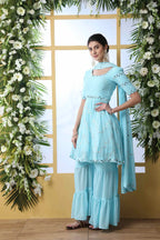 Sky Blue Georgette Salwar Suit With Thread Sequins Work With Mirror Pasting