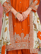 Orange Chinon Silk Sharara Set with Embroidered Top & Taby Silk Dupatta