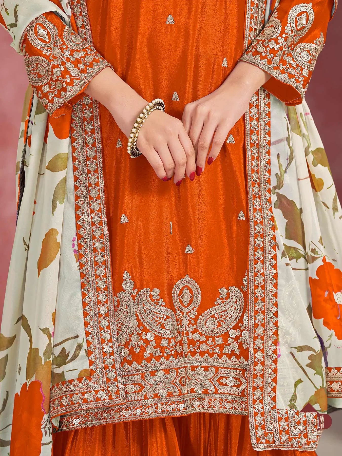 Orange Chinon Silk Sharara Set with Embroidered Top & Taby Silk Dupatta
