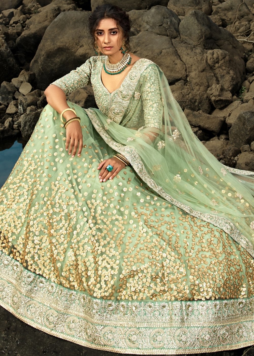 Emerald Green Designer Soft Net Lehenga Choli with Sequins & Dori work | Ready To Wear - qivii