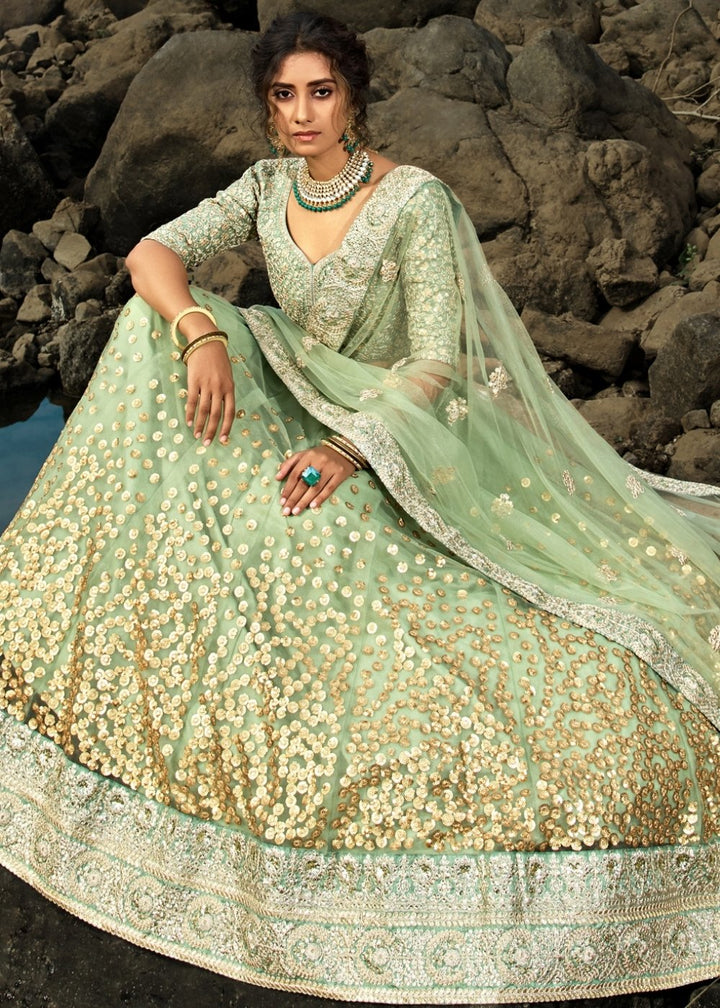 Emerald Green Designer Soft Net Lehenga Choli with Sequins & Dori work | Ready To Wear - qivii