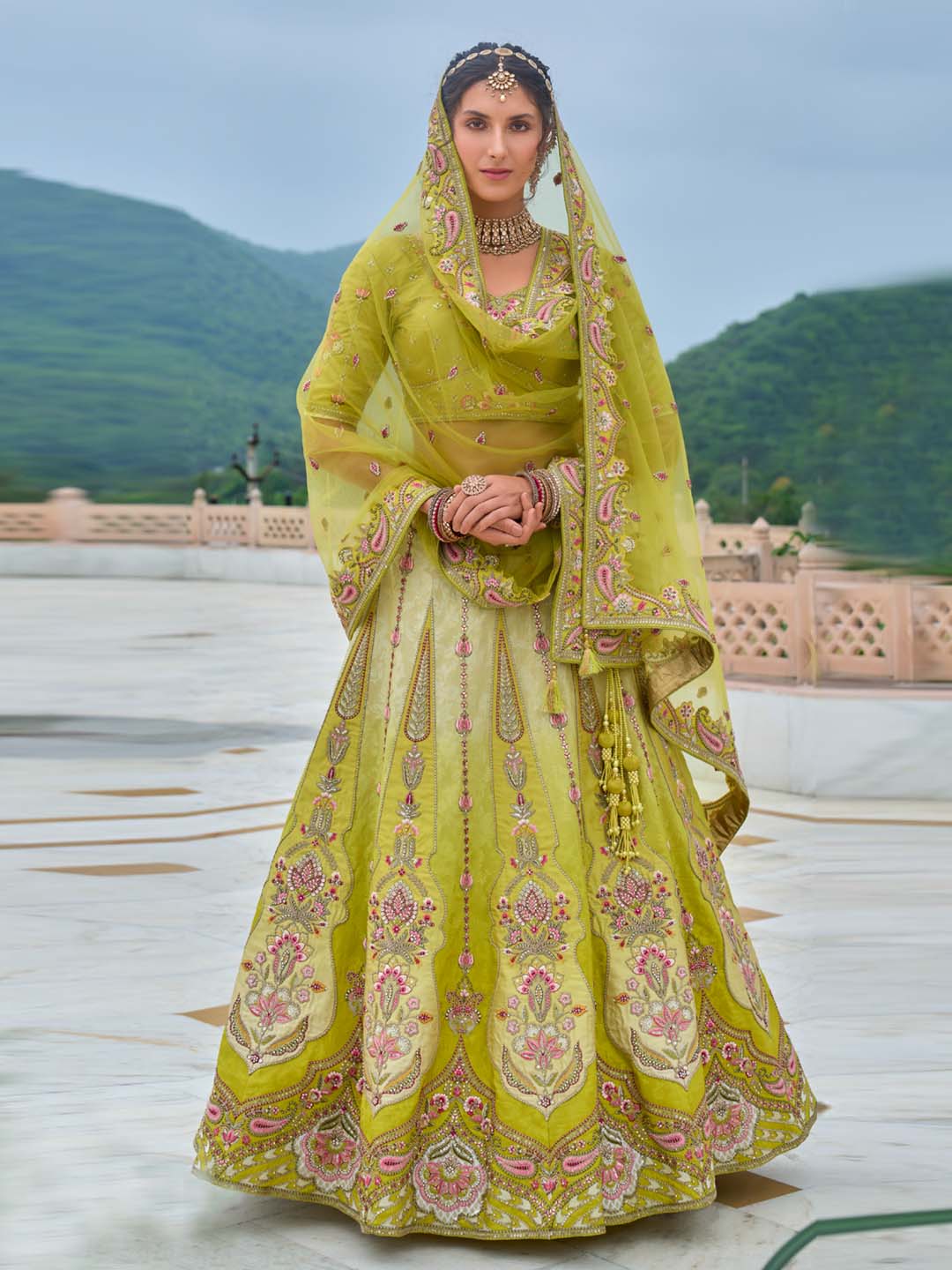 Limegreen Shade Heavy Designer Embroidered Patchwork Silk Semi Stitched Lehenga Choli - qivii