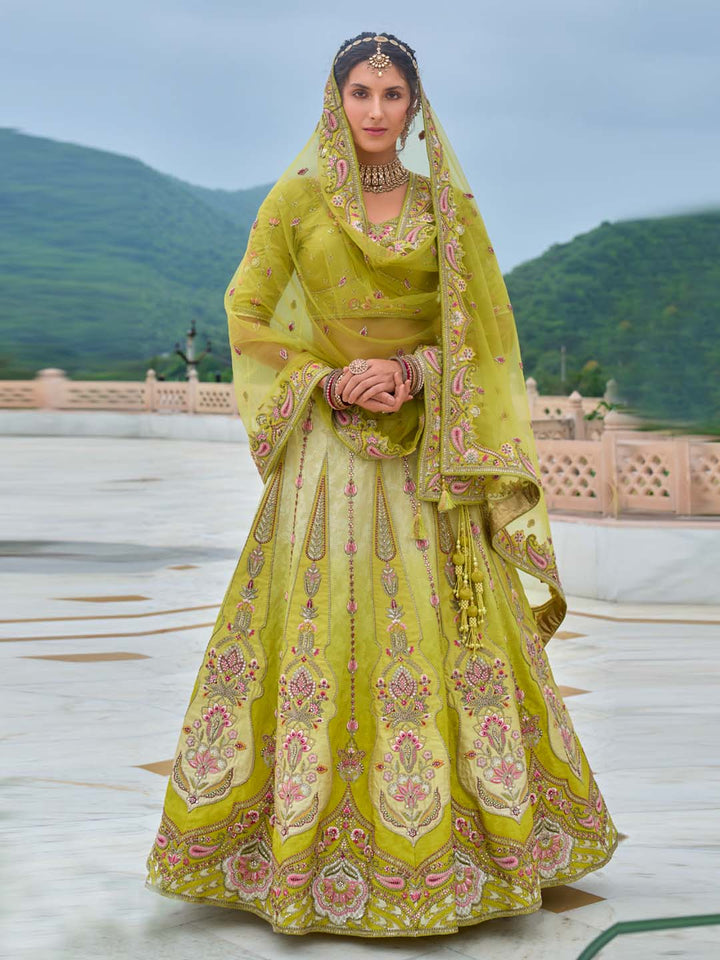 Limegreen Shade Heavy Designer Embroidered Patchwork Silk Semi Stitched Lehenga Choli - qivii