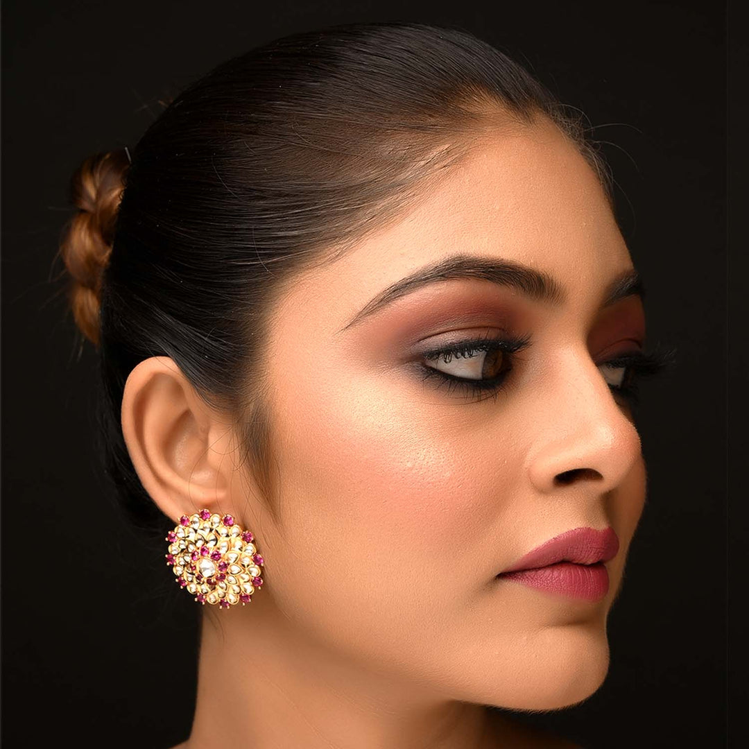 Gold plated brass metal traditional Kundan and American diamonds with rose pink stones tops