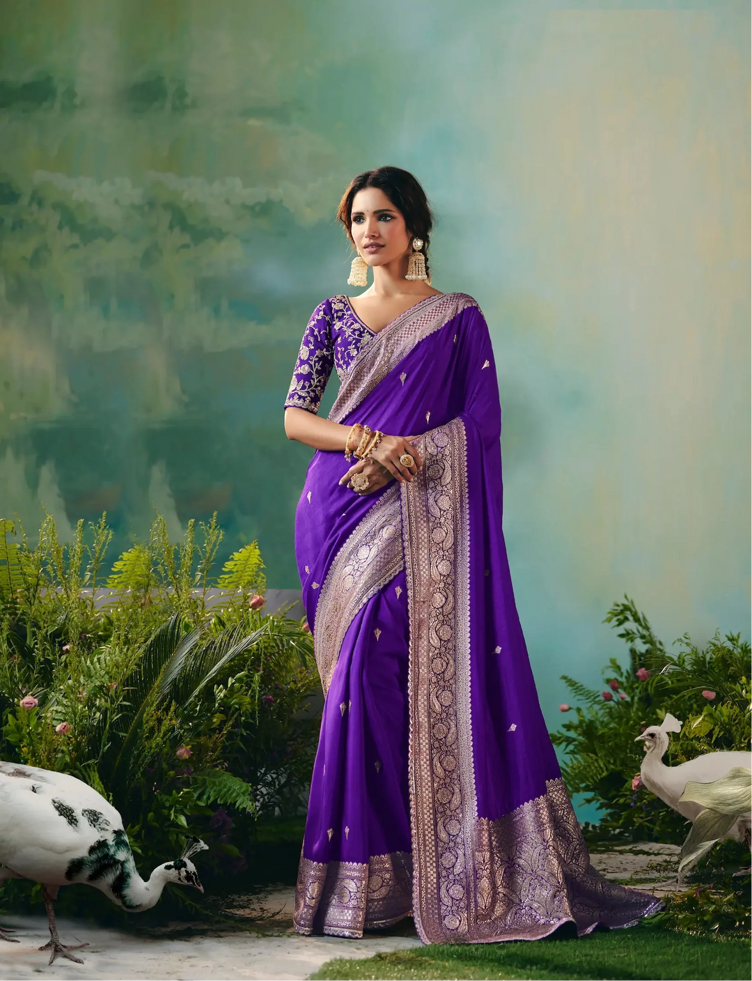 Dark Purple Dola Silk Saree With Embroidery Work Blouse - qivii