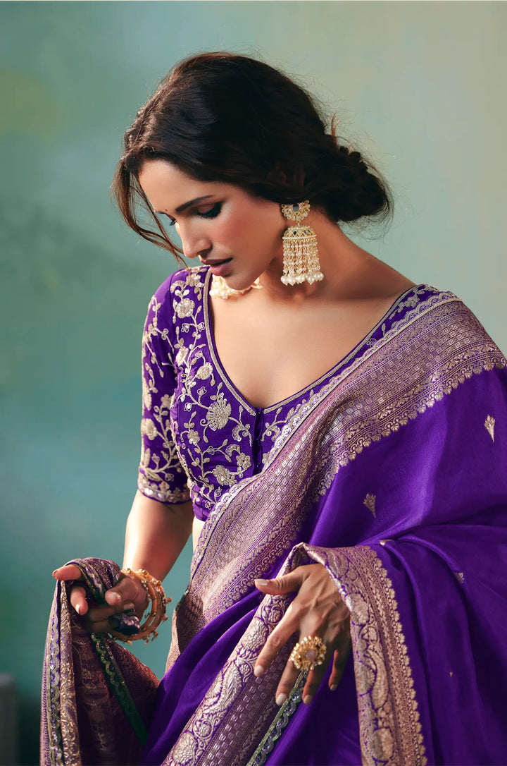 Dark Purple Dola Silk Saree With Embroidery Work Blouse - qivii