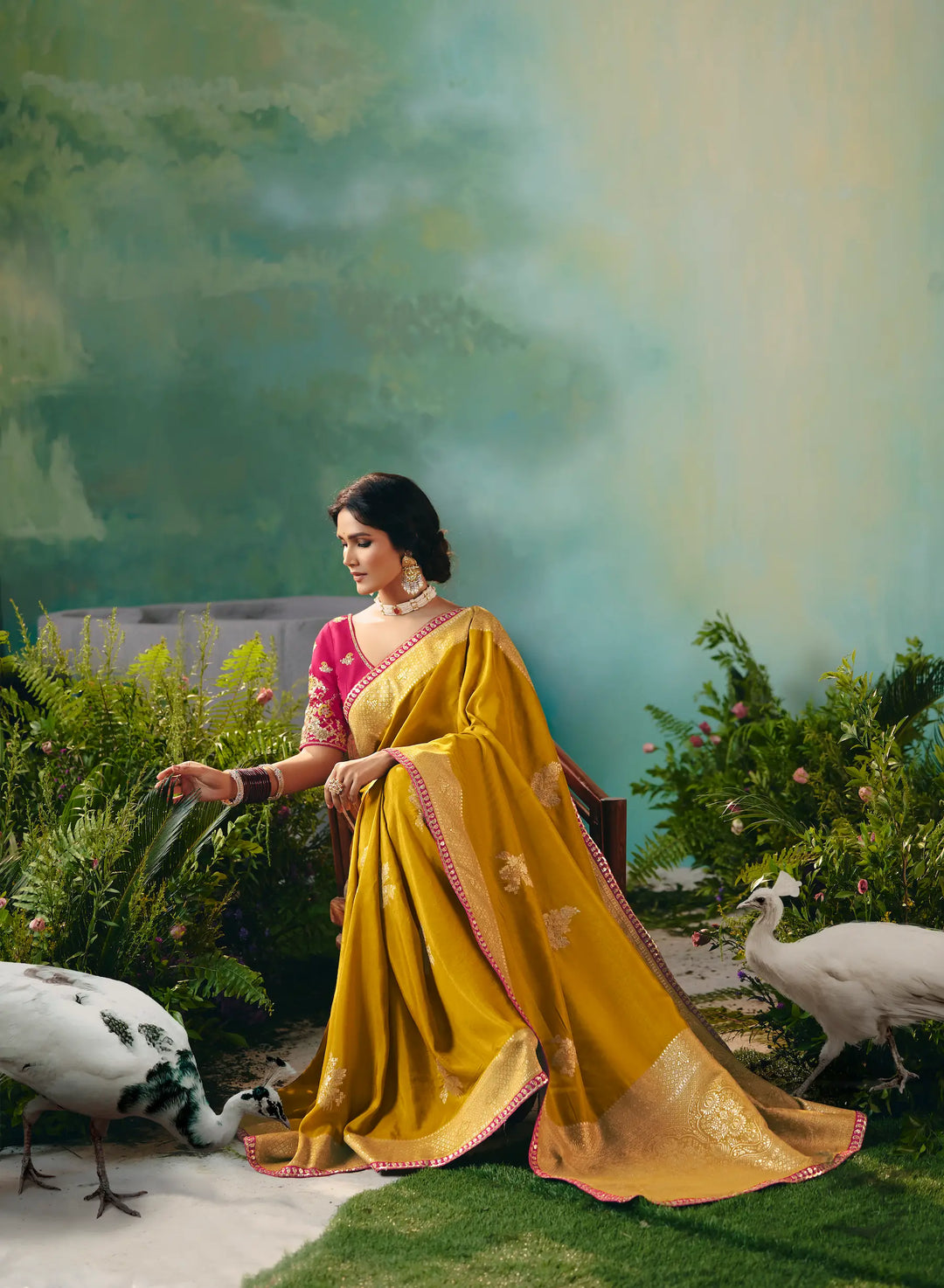 Bee Yellow Dola Silk Saree With Embroidery Work Blouse - qivii