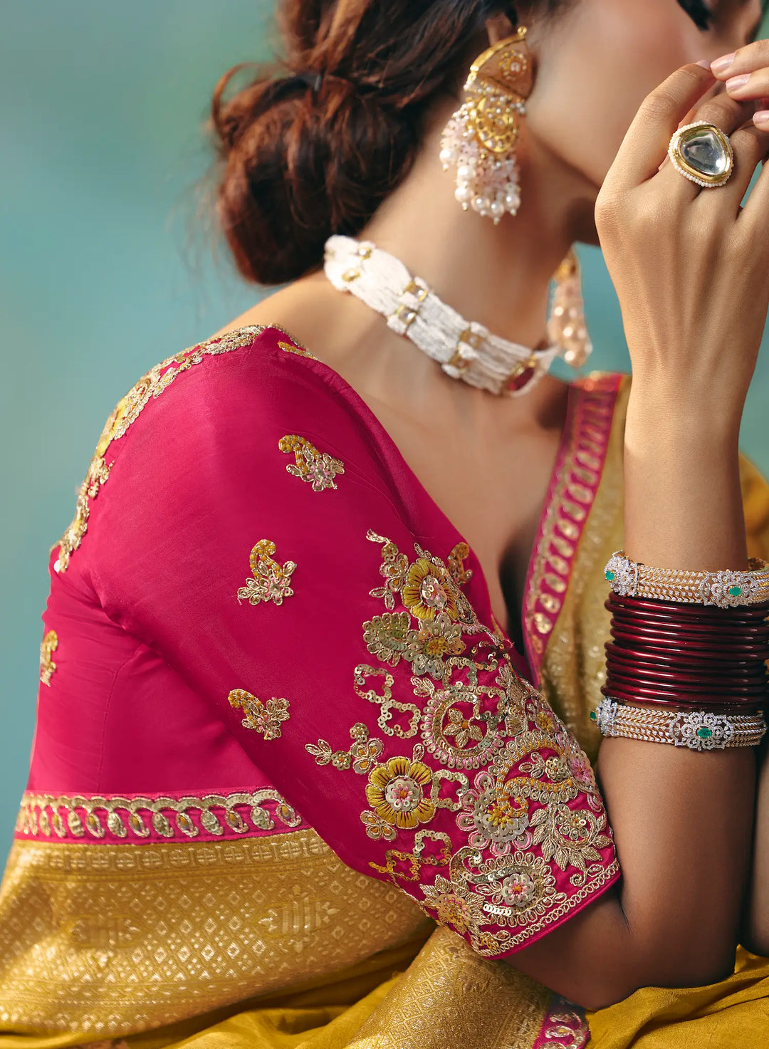 Bee Yellow Dola Silk Saree With Embroidery Work Blouse - qivii