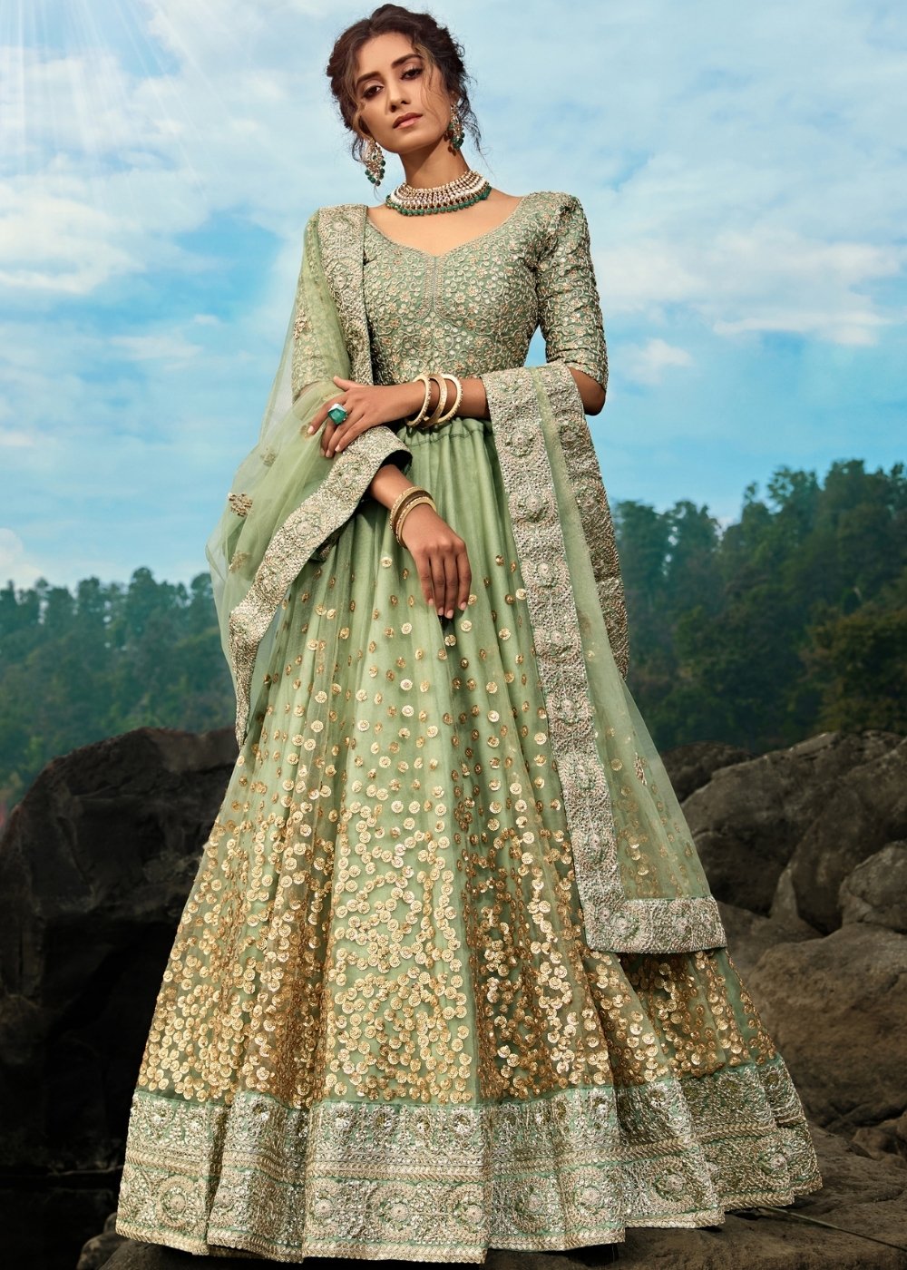 Emerald Green Designer Soft Net Lehenga Choli with Sequins & Dori work | Ready To Wear - qivii