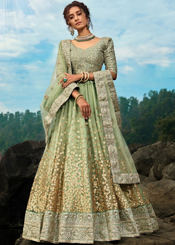 Emerald Green Designer Soft Net Lehenga Choli with Sequins & Dori work | Ready To Wear - qivii