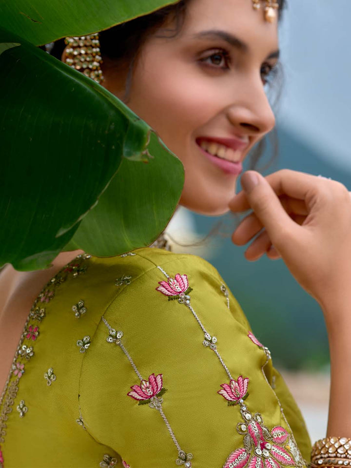 Limegreen Shade Heavy Designer Embroidered Patchwork Silk Semi Stitched Lehenga Choli - qivii