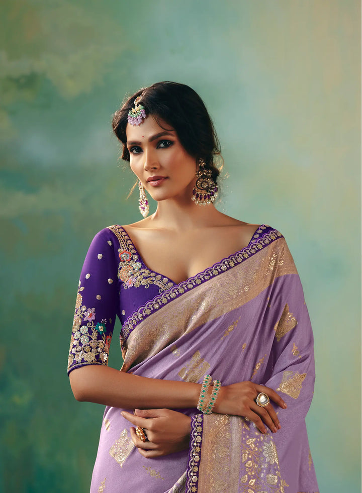 Dark Lilac Dola Silk Saree With Embroidery Work Blouse - qivii