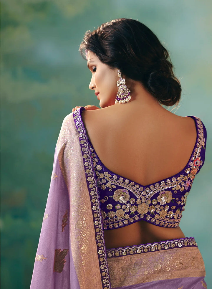 Dark Lilac Dola Silk Saree With Embroidery Work Blouse - qivii