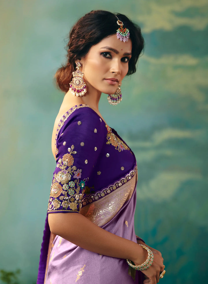 Dark Lilac Dola Silk Saree With Embroidery Work Blouse - qivii