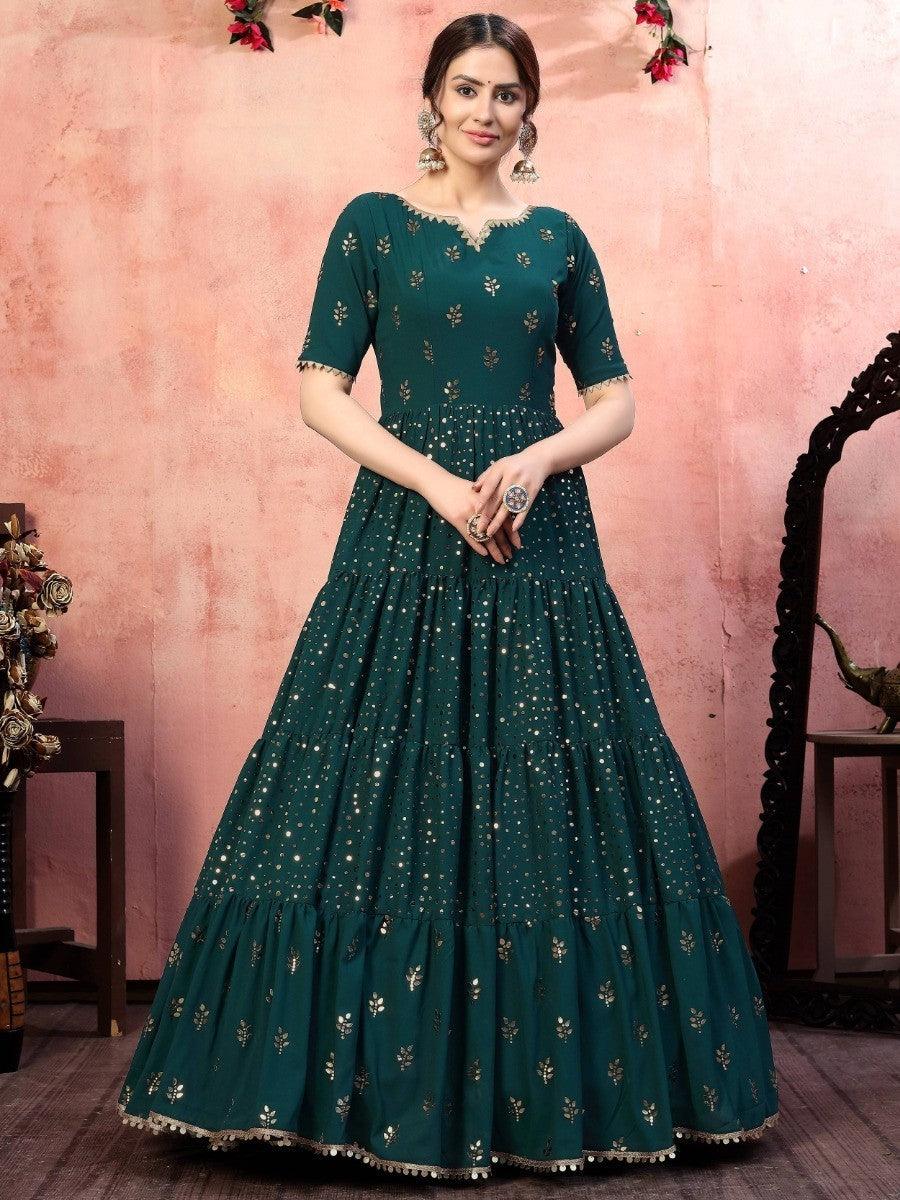 Ravishing green georgette sequins party wear anarkali gown with multi-layer frill 