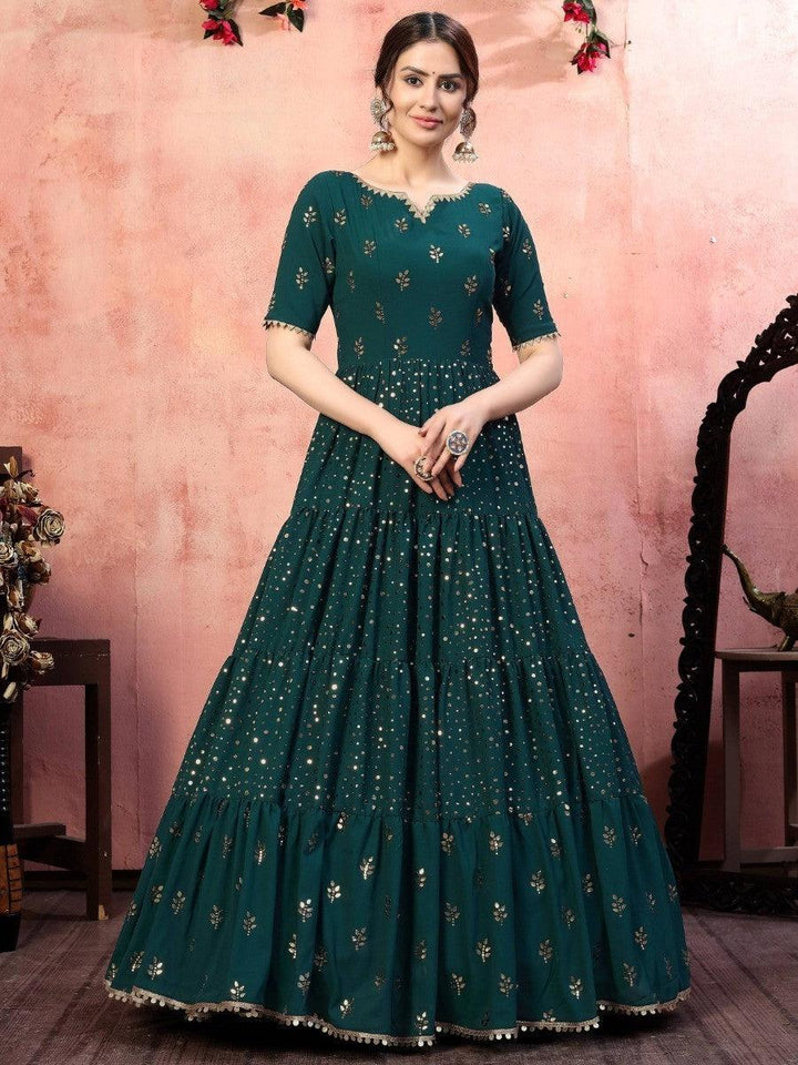 Ravishing green georgette sequins party wear anarkali gown with multi-layer frill 